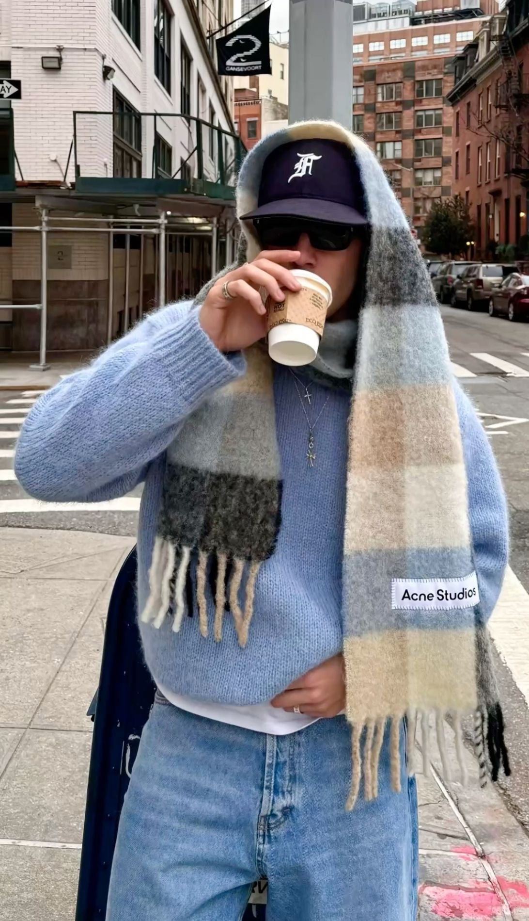 Mohair Checkered Scarf - Blue