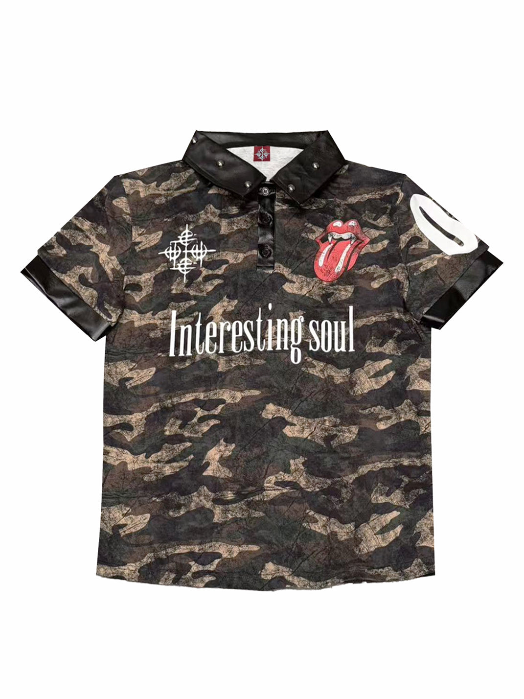 Camo Tongue Leather Spliced Rivet Polo