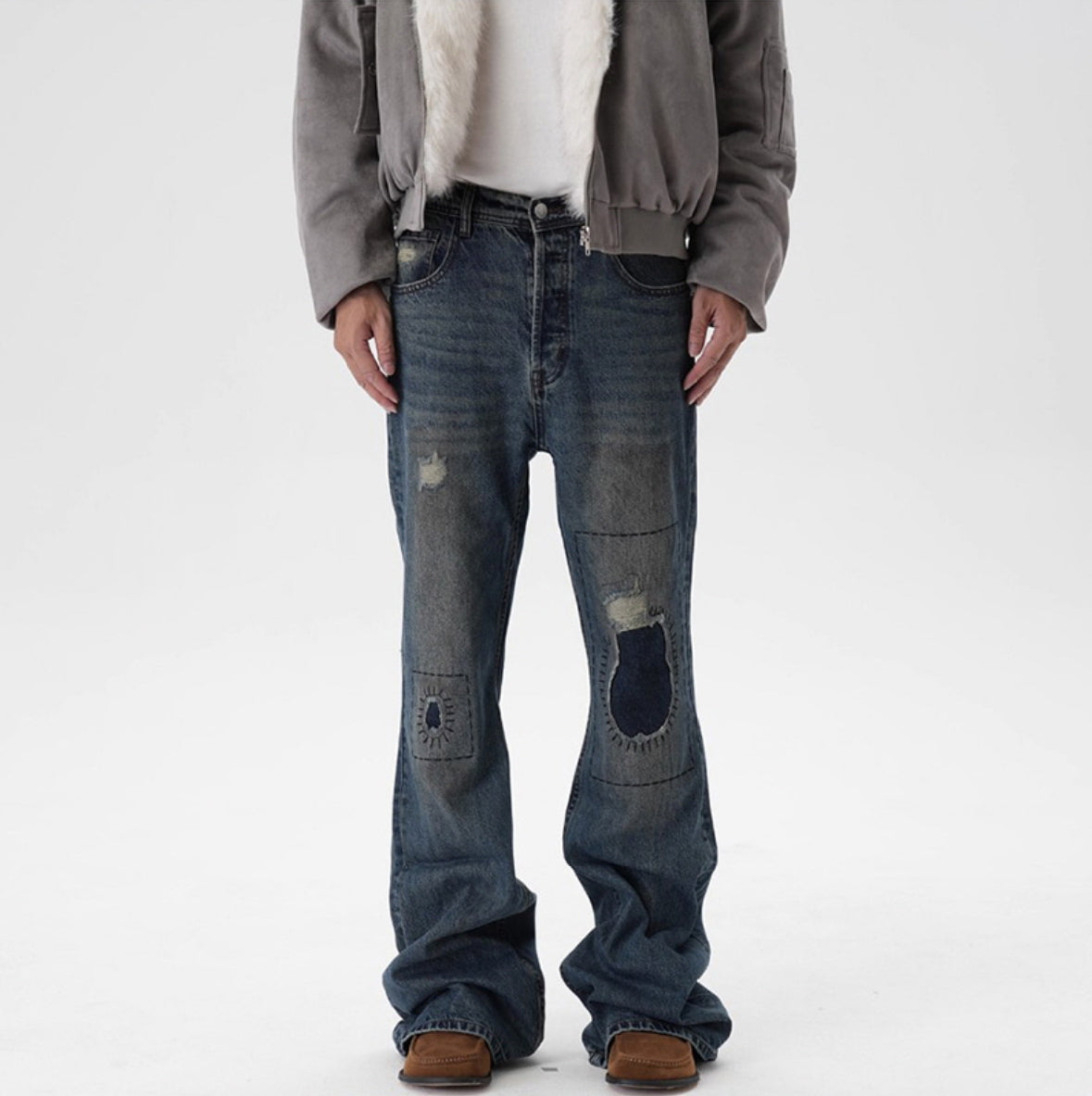 Fractured Patchwork Flare Jeans