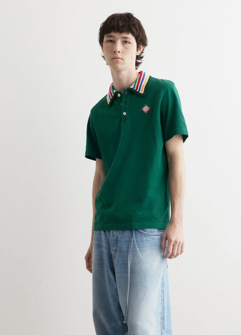 Casa Knitted-Collar Cotton Green Polo-Shirt