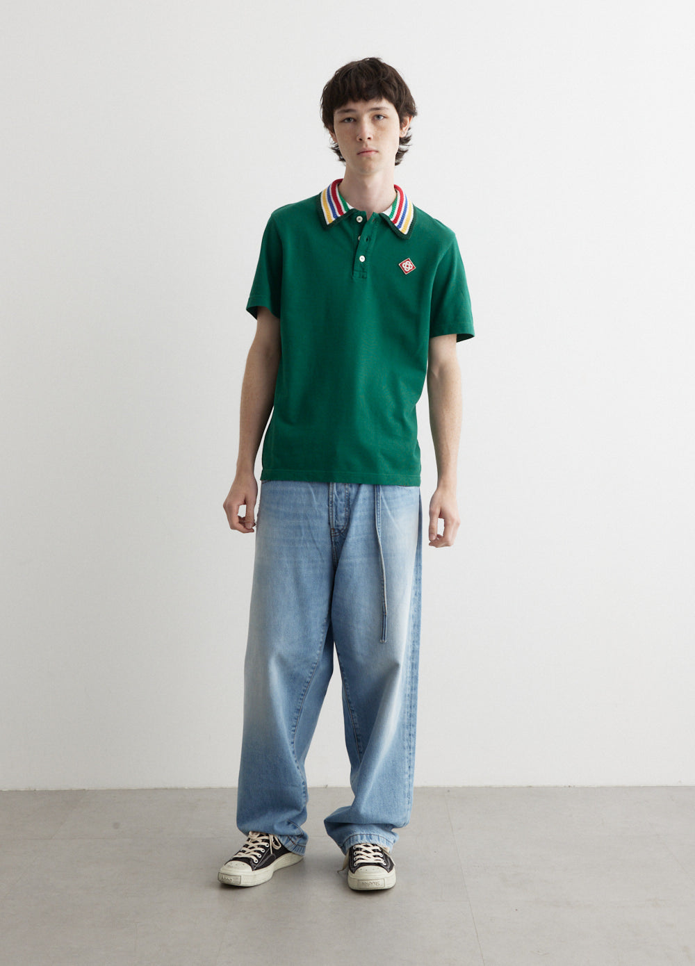 Casa Knitted-Collar Cotton Green Polo-Shirt