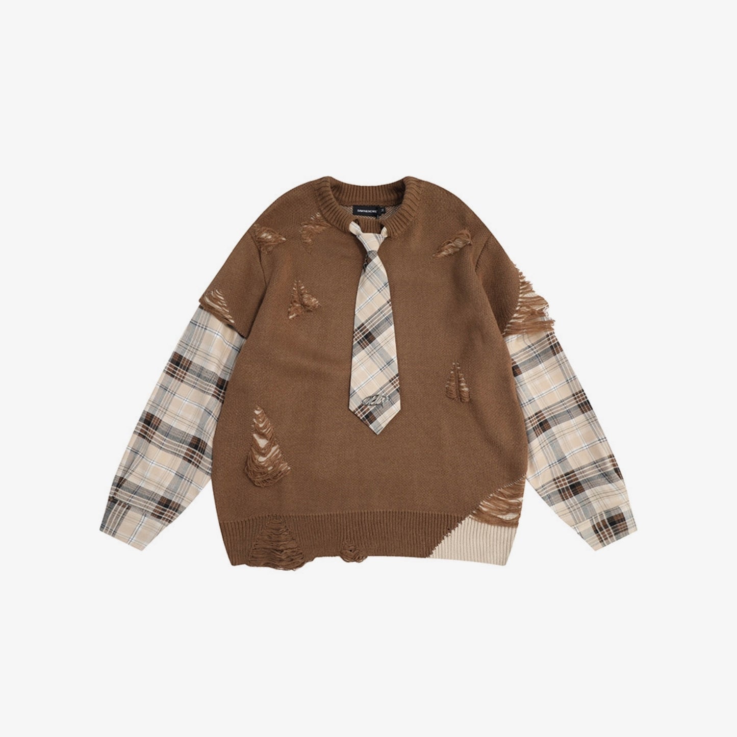 Distressed Plaid-Tie Layered Knit Sweater