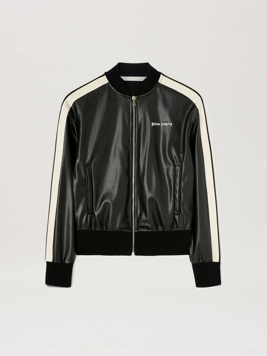 Leather Effect Track Bomber Jacket — Black