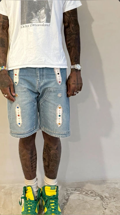 Kapital 140z Carpenter Gemstone Studded Denim Shorts