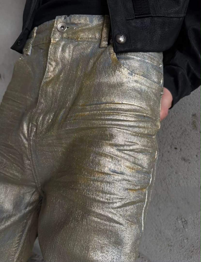 METALLIC COATED STRAIGHT-LEG PANTS