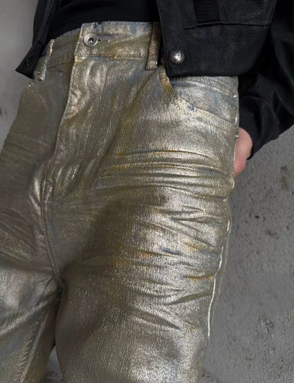 METALLIC COATED STRAIGHT-LEG PANTS