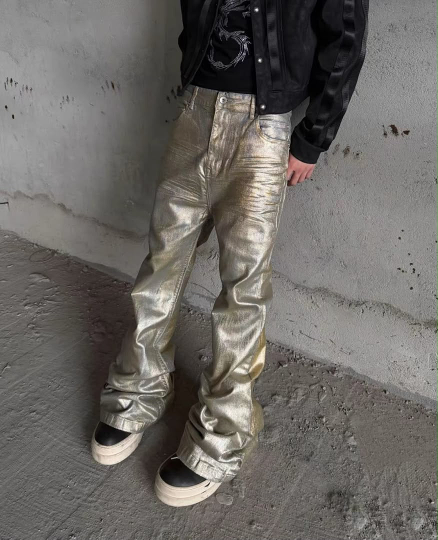 METALLIC COATED STRAIGHT-LEG PANTS