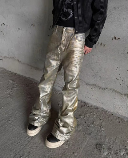 METALLIC COATED STRAIGHT-LEG PANTS
