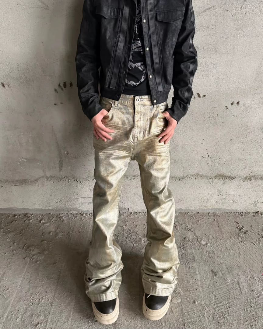 METALLIC COATED STRAIGHT-LEG PANTS