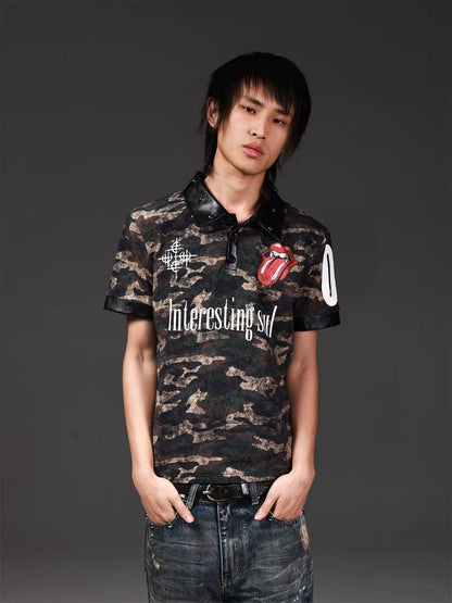 Camo Tongue Leather Spliced Rivet Polo