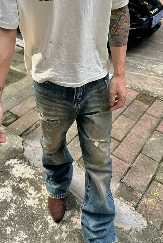 Distressed Flare Jeans — Dust Blue