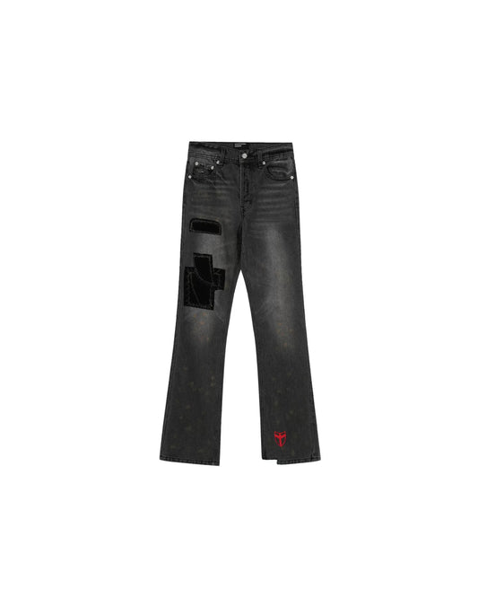 Patched Washed Black Denim Jeans