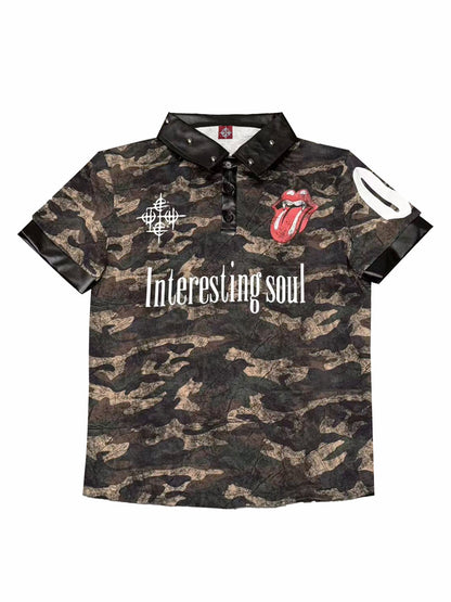 Camo Tongue Leather Spliced Rivet Polo