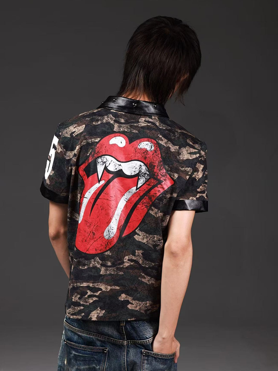 Camo Tongue Leather Spliced Rivet Polo