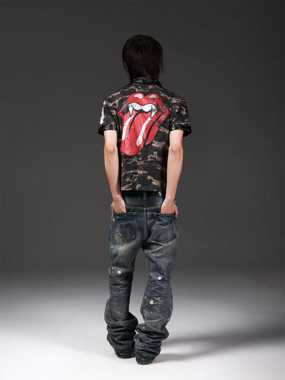Camo Tongue Leather Spliced Rivet Polo