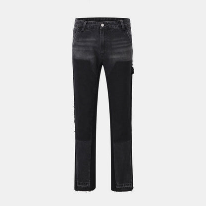 Mens Patchwork Flare Denim Jeans - Black