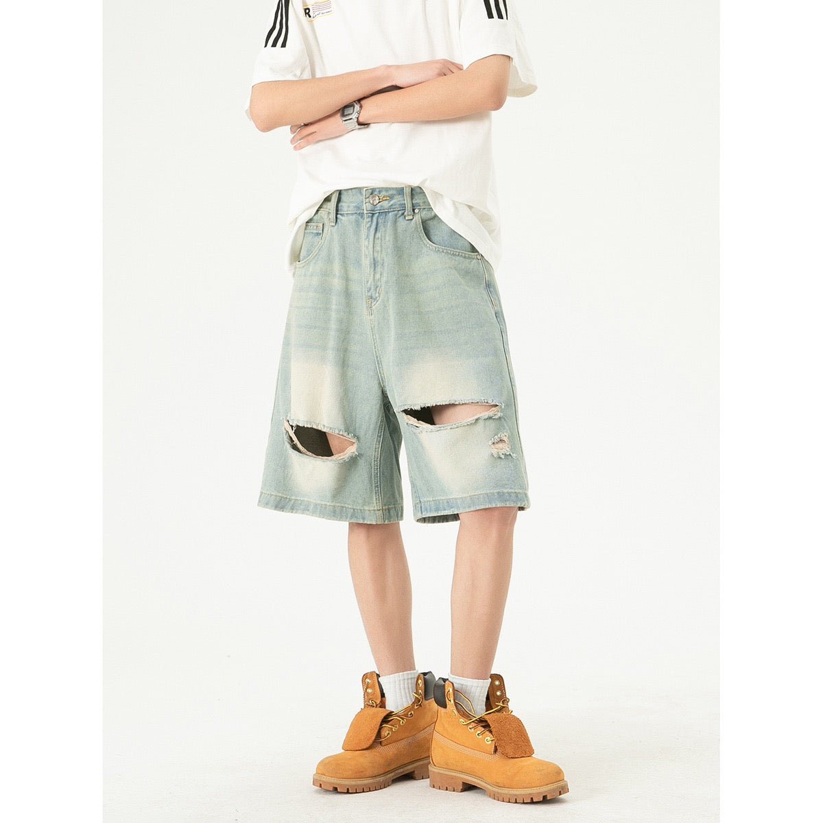 Unisex Ripped Denim Jorts In Light Blue