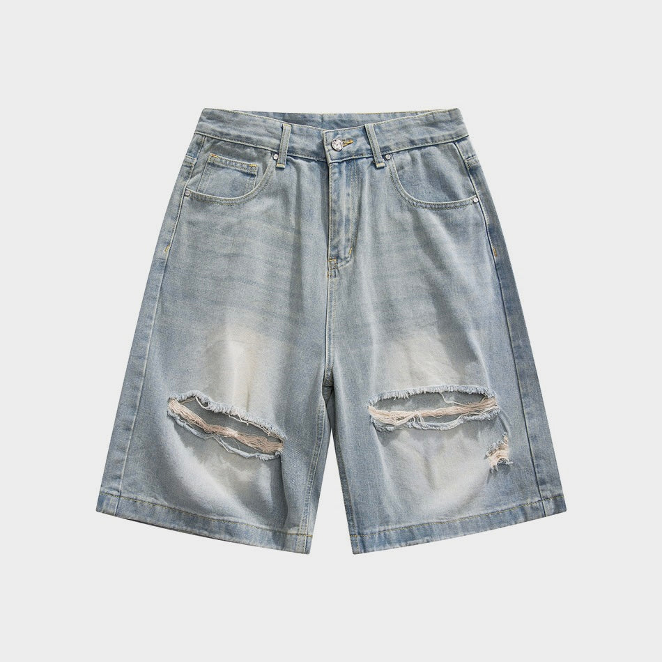 Unisex Ripped Denim Jorts In Light Blue